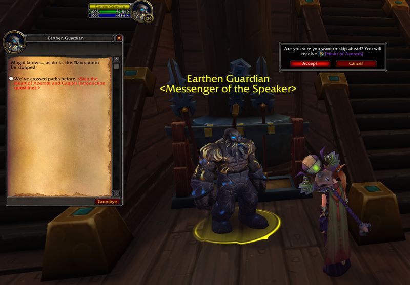 The Earthen Guardian offering to skip the Heart of Azeroth questline