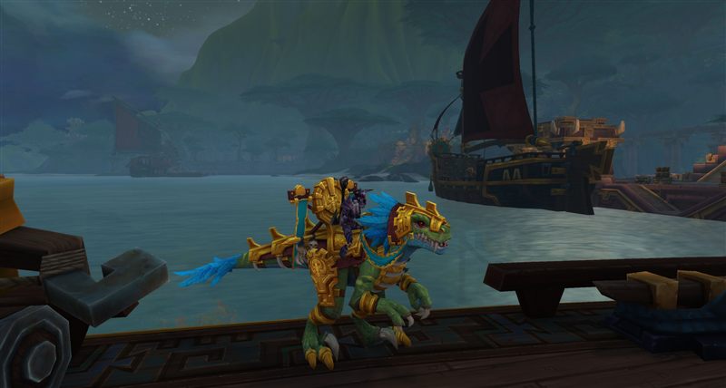 A troll on a Zandalari raptor mount at the Plunderforged Bay docks