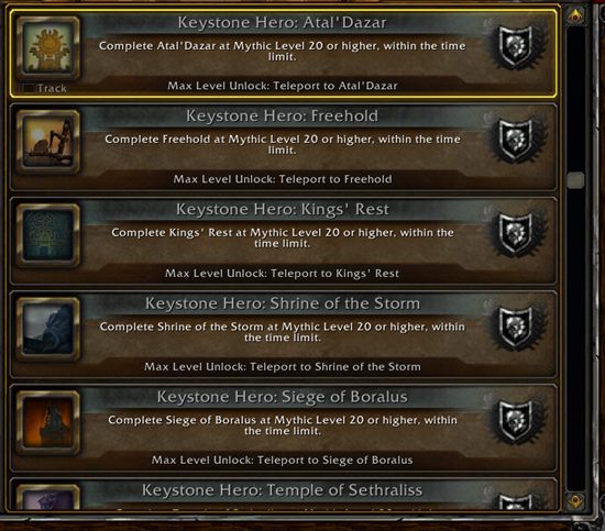 The Keystone Hero achievement list for BfA dungeons