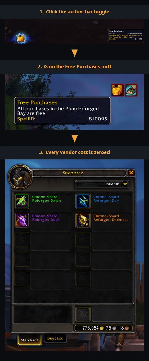 The Free Purchases action bar toggle and its effect on vendor prices
