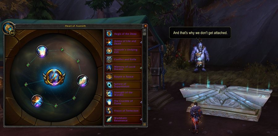 The Heart of Azeroth panel at level 40 with essences slotted