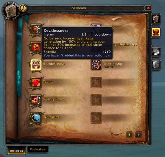 The Recklessness spellbook tooltip