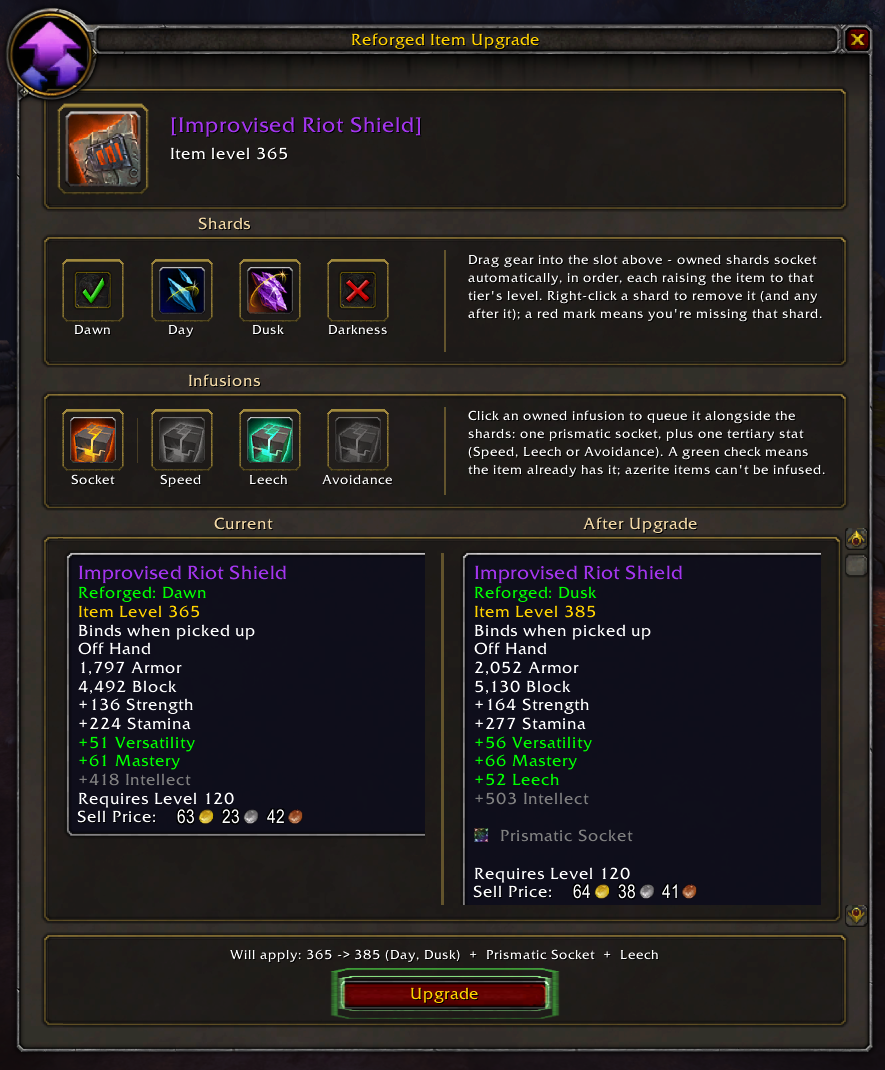 The Reforged Item Upgrade panel with before and after item level preview
